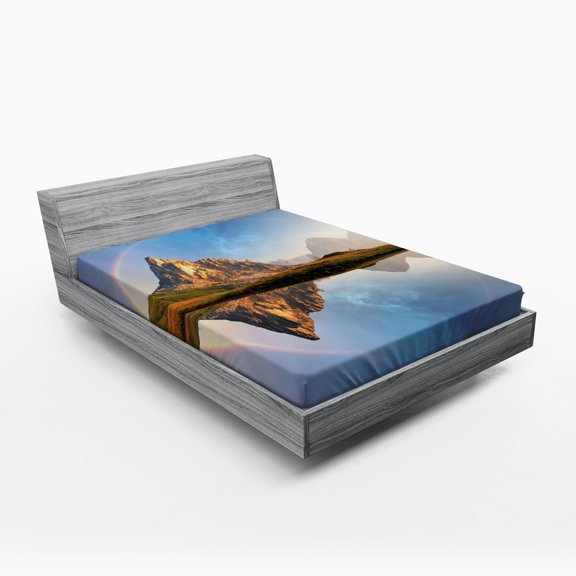 Landscape Fitted Sheet, Rainbow over Mountain Lake Reflection in Clear Water Dreamy Spots on Earth Photo, Soft Decorative Fabric Bedding, Queen Size, Multicolor, by Ambesonne