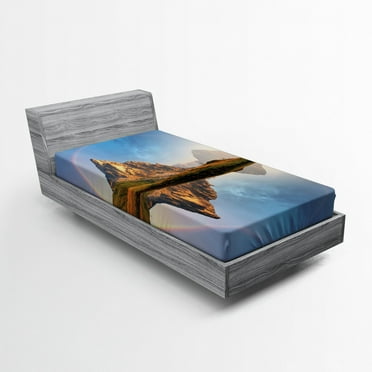 Landscape Fitted Sheet, Rainbow over Mountain Lake Reflection in Clear Water Dreamy Spots on Earth Photo, Soft Decorative Fabric Bedding, Twin Size, Multicolor, by Ambesonne