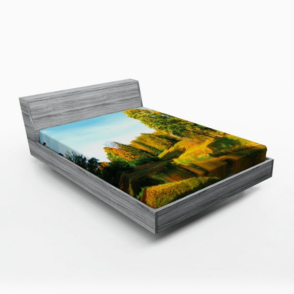 Landscape Fitted Sheet, Scenery View Natural Forest Park with Trees and River Photo Image, Soft Decorative Fabric Bedding, Queen Size, Marigold and Olive Green, by Ambesonne