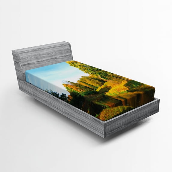 Landscape Fitted Sheet, Scenery View Natural Forest Park with Trees and River Photo Image, Soft Decorative Fabric Bedding, Twin XL Size, Marigold and Olive Green, by Ambesonne
