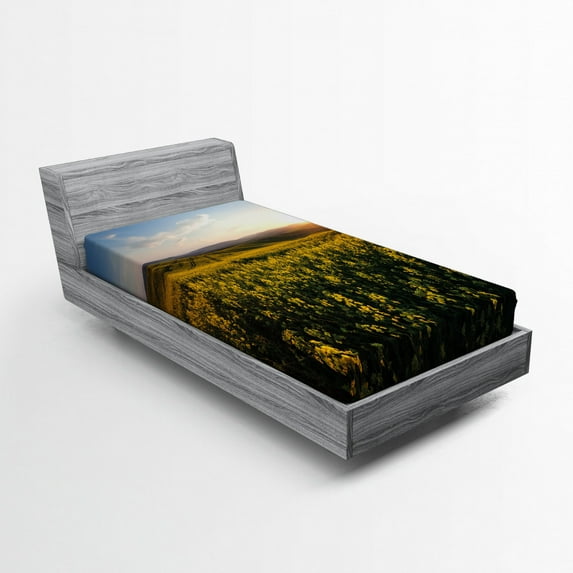 Ambesonne Landscape Fitted Sheet, Sunset Flower Field, Twin XL Size, Yellow Green Blue