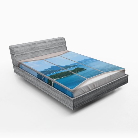 Ambesonne Landscape Fitted Sheet, Seascape View from Window, Full Size, Blue and White