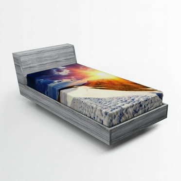 Ambesonne Landscape Fitted Sheet, Snowy Sunny Mountains, Twin Size, Blue and Brown