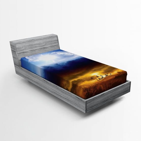 Ambesonne Nature Fitted Sheet, Sun Stormy Sky Heaven, Twin XL Size, Blue Orange Black