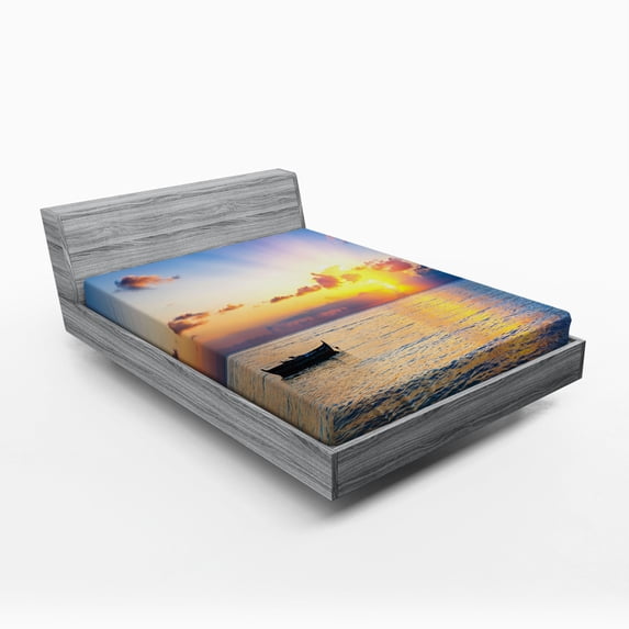 Ambesonne Ocean Fitted Sheet, Rising Sun Sea Maldives, Full Size, Blue Coral Yellow