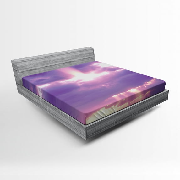 Landscape Fitted Sheet, Sunburst on Cloudy Sky Rainy Weather Romantic View Valentin's Day Picture Print, Soft Decorative Fabric Bedding, Full Size, Purple White, by Ambesonne