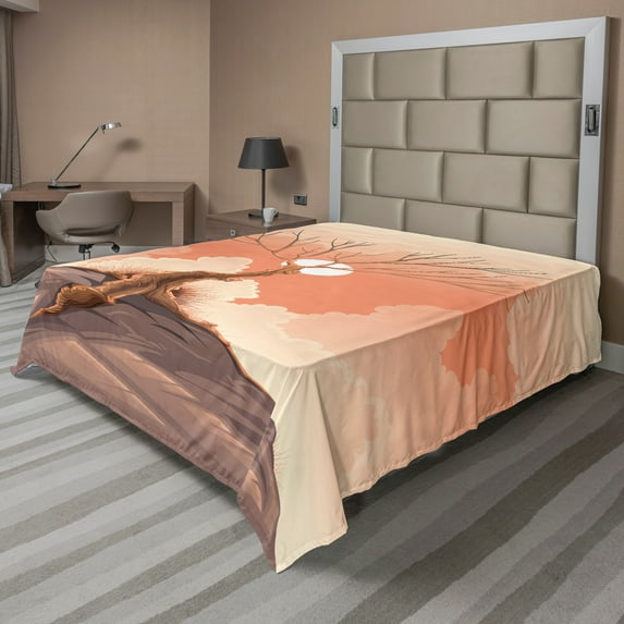 Ambesonne Landscape Flat Sheet, Lonely Tree on Cliff, King Size, Orange Brown