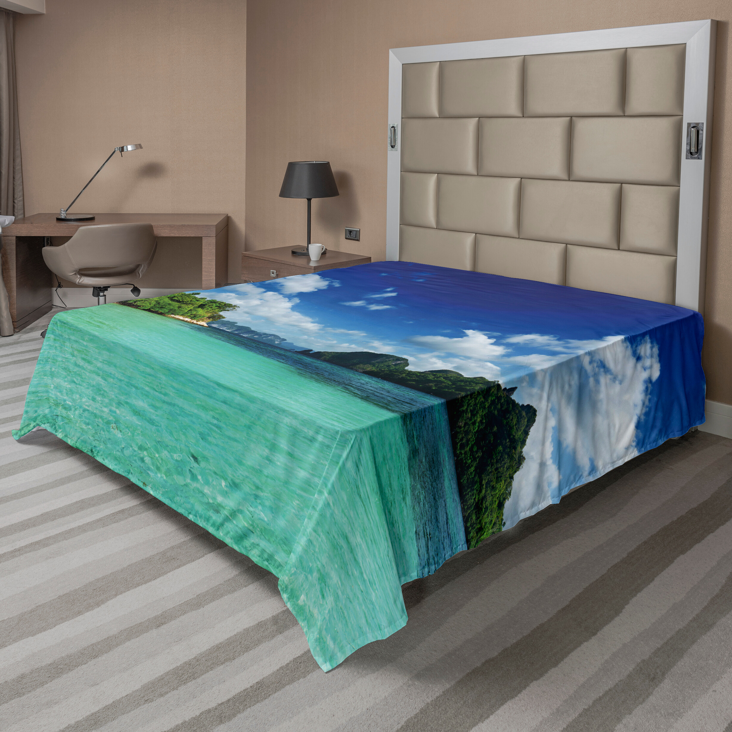 Landscape Flat Sheet, Summer Island Botanic Tropical View with Sea