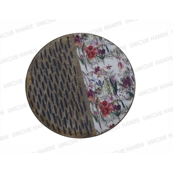 Landscape & Floral Design Mango Wood Round Serving Tray for Rustic Home Kitchen Coffee Table Decor Wooden Decorative Tray for Dining Room Halloween Christmas Decor