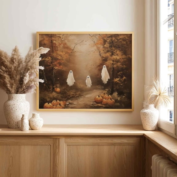 Landscape Ghosts Poster Wall Decor Cute Ghosts Canvas Art Prints Painting Ghosts Fall Landscape Picture Artwork Home Rustic Farmhouse Halloween Decoration No Frame