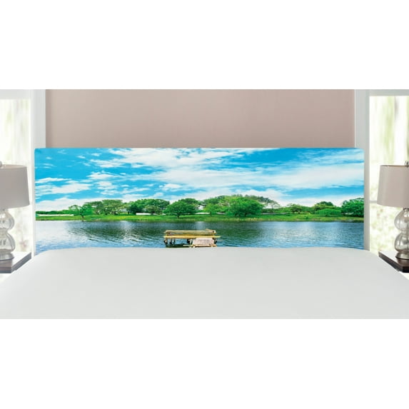 Landscape Headboard, Photo Taken from a Wooden Dock Towards the Sea and Forest Sky Calm Lake Print, Upholstered Decorative Metal Bed Headboard with Memory Foam, King Size, Multicolor, by Ambesonne