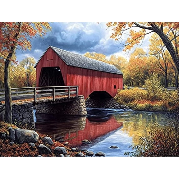 Landscape Historic Campbells Covered Bridge Preprinted 11CT Cross Stitch Kits for Beginners & Adults - Easy Needlepoint Patterns for Home Decor & Crafting 1 3
