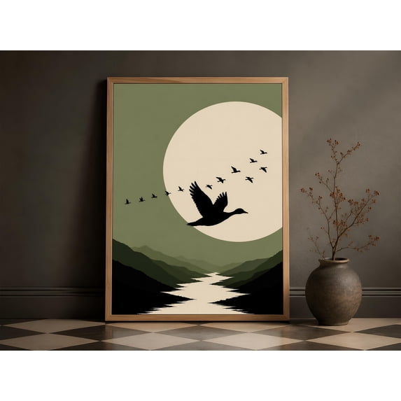 Landscape Japandi Art Flying Birds Large Moon Minimalist Nature Zen ...