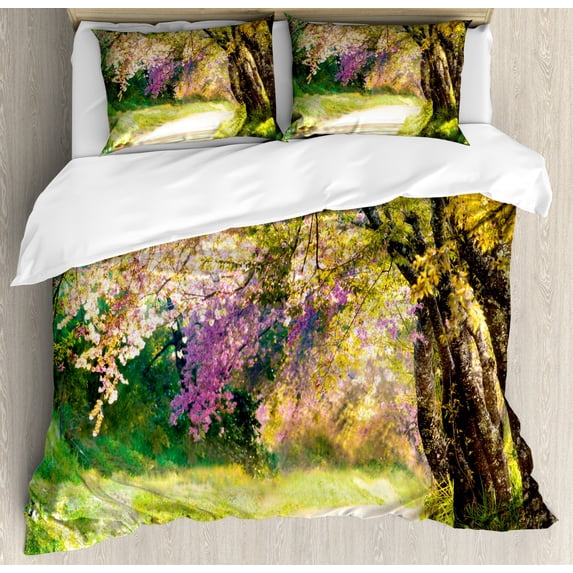 Landscape King Size Duvet Cover Set, Blurry Spring Park View with Walkway Colorful Flower Trees Garden Idyllic Scenery, Decorative 3 Piece Bedding Set with 2 Pillow Shams, Multicolor, by Ambesonne