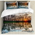 thumbnail image 1 of Landscape King Size Duvet Cover Set, Magical Lake Sunset with the Mirroring Crystal Water and Horizon over Forest Boho, Decorative 3 Piece Bedding Set with 2 Pillow Shams, Multicolor, by Ambesonne, 1 of 3
