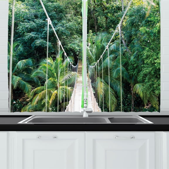 Landscape Kitchen Curtains, Jungle Bridge Adventure to the Rainforest Wild Nature Photo, Two Panels Drapes with Rod Pocket Room Decor, 55" X 45", Fern Green and Dark Teal, by Ambesonne