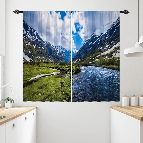 Landscape Kitchen Curtains Nature Theme River Snow Mountain Cloud Scenery Scene Design Print Pattern Rod Pocket Waterproof Window Drapes for Bathroom Bedroom Office Cafe 2 Panels 26 x 36 Inch
