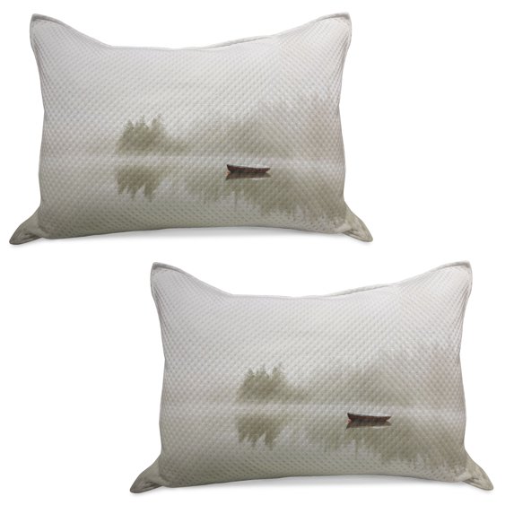 Landscape Knitted Quilt Pillowcover Set of 2, Boat on the Lake Silhouettes Trees on Water Sky Nature Themed Art, Standard Queen Pillow Sham Bedroom, 30" x 20", Eggshell Brown Orange, by Ambesonne