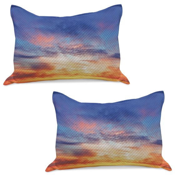 Landscape Knitted Quilt Pillowcover Set of 2, Concept of Colorful Vivid Evening Sky During Sunset Cloudscape Scenic View, Standard Queen Pillow Sham Bedroom, 30" x 20", Orange Blue, by Ambesonne