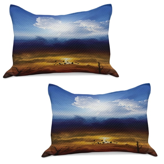 Landscape Knitted Quilt Pillowcover Set of 2, Sun and Dark Stormy Sky with Thunder Heaven and Hell and Evil Art, Standard Queen Pillow Sham Bedroom, 30" x 20", Blue Orange Black, by Ambesonne