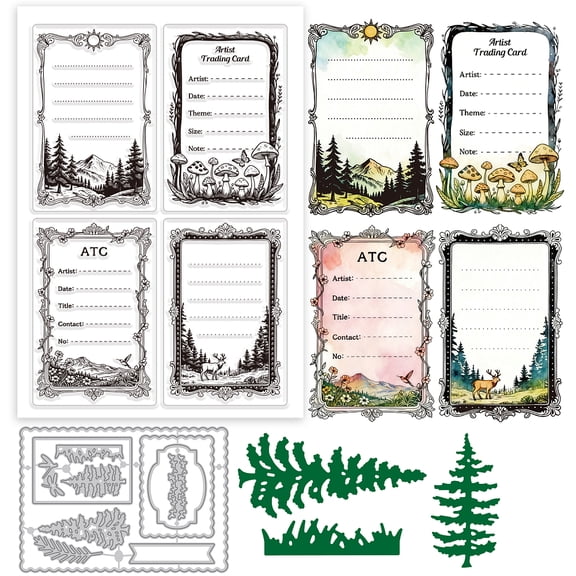 Landscape Label Clear Stamps and Metal Die Cuts Pine Trees Transparent Stamp Plant Cutting Dies for Card Making Embossing Scrapbooking