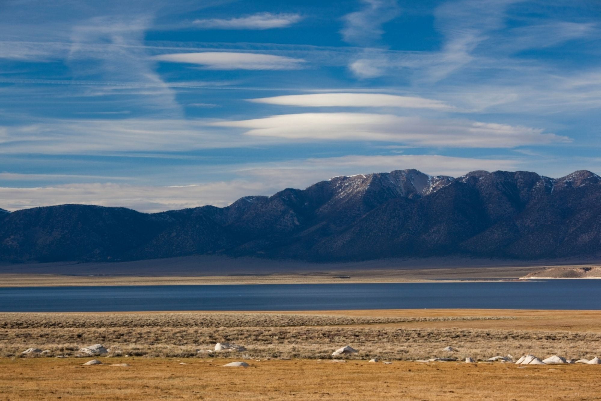 Landscape by a Lake Crowley with White Mountains in the background Whitmore Hot Springs Mono County California USA Canvas Art - Panoramic Images (36 x 12)