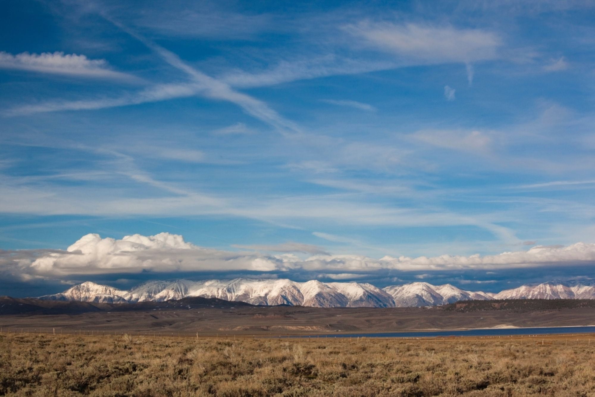 Landscape by a Lake Crowley with White Mountains in the background Whitmore Hot Springs Mono County California USA Canvas Art - Panoramic Images (36 x 12)
