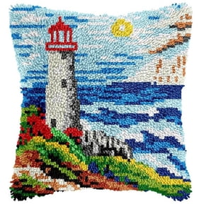 Landscape Latch Hook Pillow Case Kits Embroidery Kits,Seaside Lighthouse,Needlework Latch Hook Cushion Cover,DIY Home Decorations Handmade Craft Kits,17x17inch
