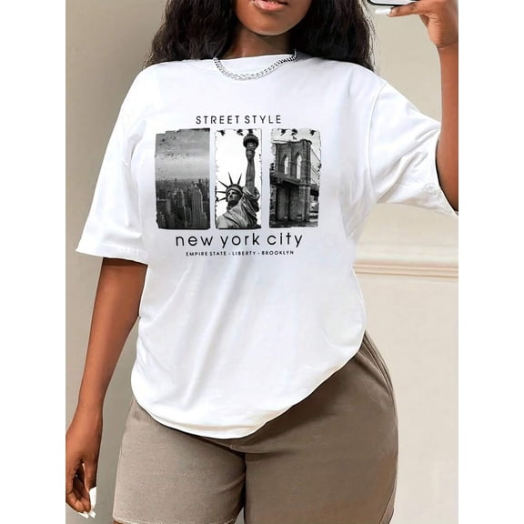 Landscape & Letter Print Short Sleeve T-Shirt For Summer STREET STYLE New York City EMPIRE STATE LIBERTY BROOKLYN Graphic Tees Women Tops