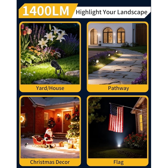 Landscape Lighting Outdoor IP66 Waterproof, 12W 3000K 1400LM LED Landscape Lights Spotlight, Plug in Garden Spot Lights with 6.6FT Cord and On/OFF Switch for Yard, Pathway, Plant, Tree, Flag, 8 Pack