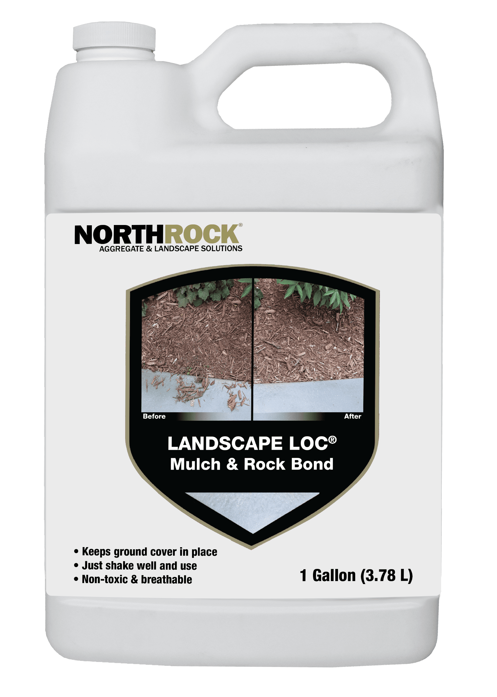 Landscape Loc Mulch and Rock Bond, 1 Gallon with Binds Mulch, Rock, Bark, Gravel, Dries Clear