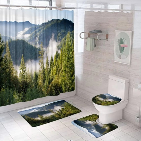 Landscape Mountain Sunset Shower Curtain Sets Lake Forest Country Bathroom Curtains Non-Slip Bath Mat Pedestal Rug Toilet Covers