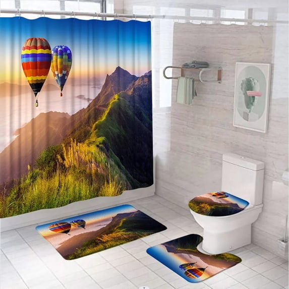 Landscape Mountain Sunset Shower Curtain Sets Lake Forest Country Bathroom Curtains Non-Slip Bath Mat Pedestal Rug Toilet Covers