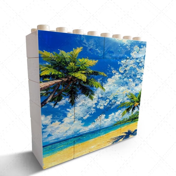 Landscape Oil Painting Beach Palm Themed Novelty Building Brick Horizontal Shaped Picture Unique Home Decor for Desk Shelf Decor Christmas Birthday Valentine's Day Housewarming Gift