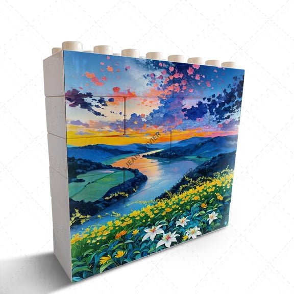 Landscape Oil Painting Picture Home Office Desk Decor Decorative Sign Novelty Building Brick Funny Block Puzzle Horizontal Shaped Picture Gift for Women Girl Teens Sister
