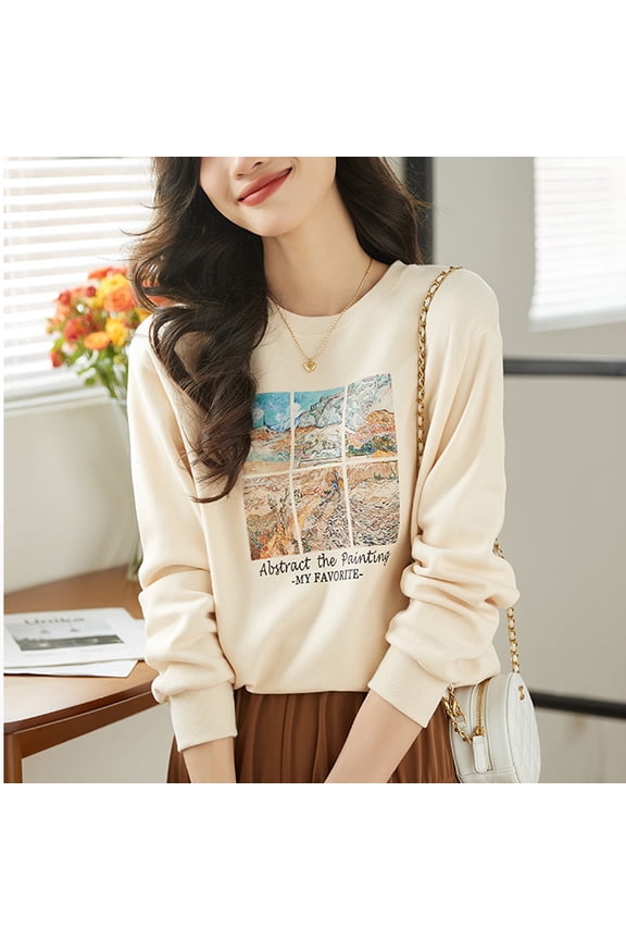 Landscape Oil Painting Pullover Sweater All-match Round Neck Casual Top