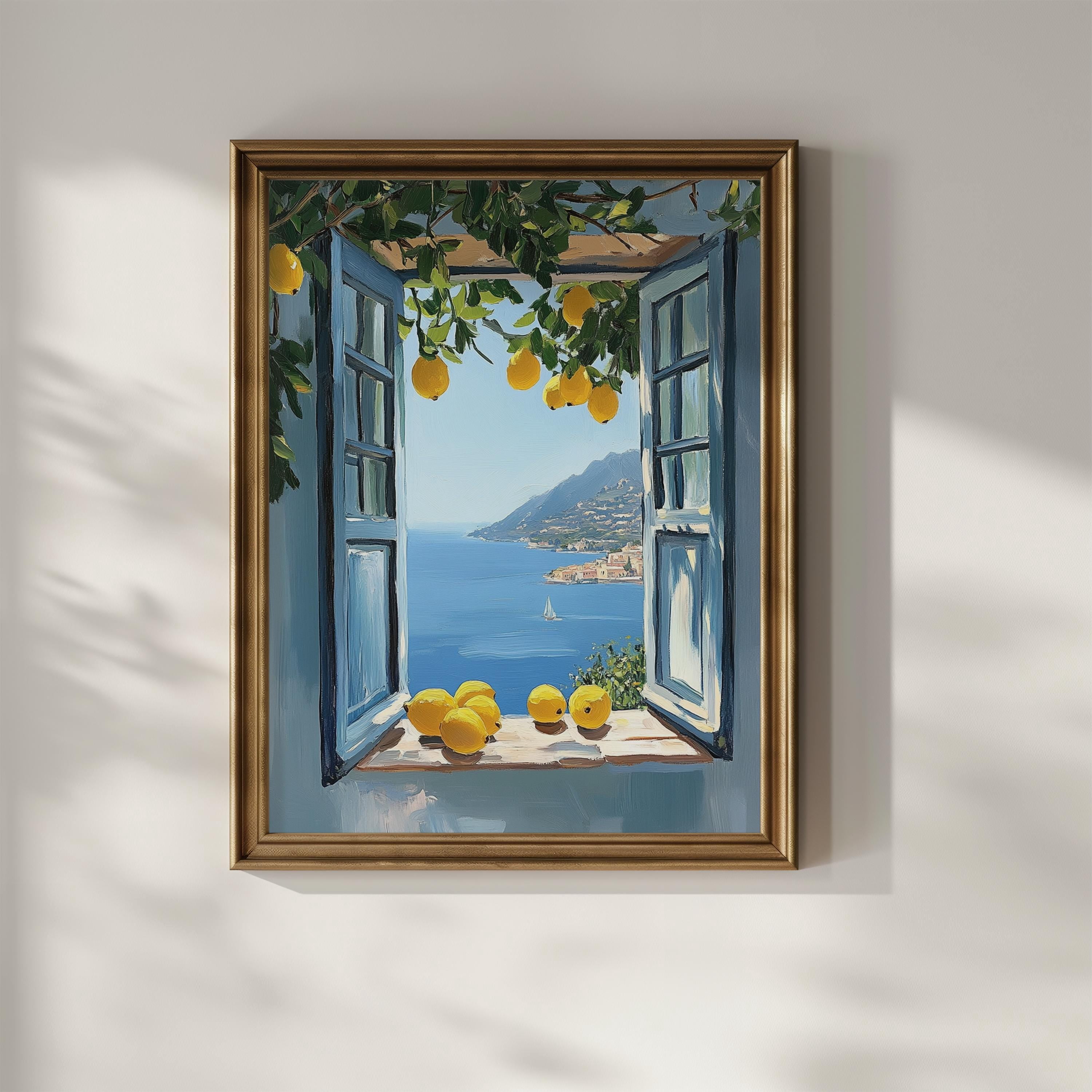 Window Drawing. Sign Landscape Open Window Scene Oil Mediterranean Sea Coastal Lemon Tree ...