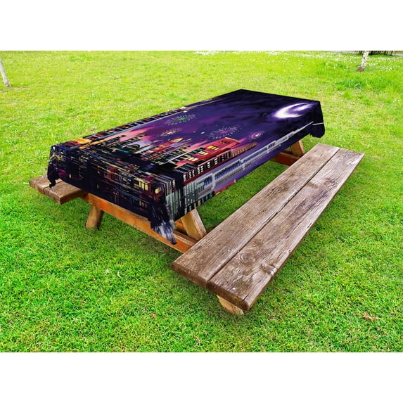 Landscape Outdoor Tablecloth, Illustration of Eid Celebration at Night in Dubai Skyscrapers and Firework Print, Decorative Washable Fabric Picnic Table Cloth, 58 X 84 Inches,Purple, by Ambesonne
