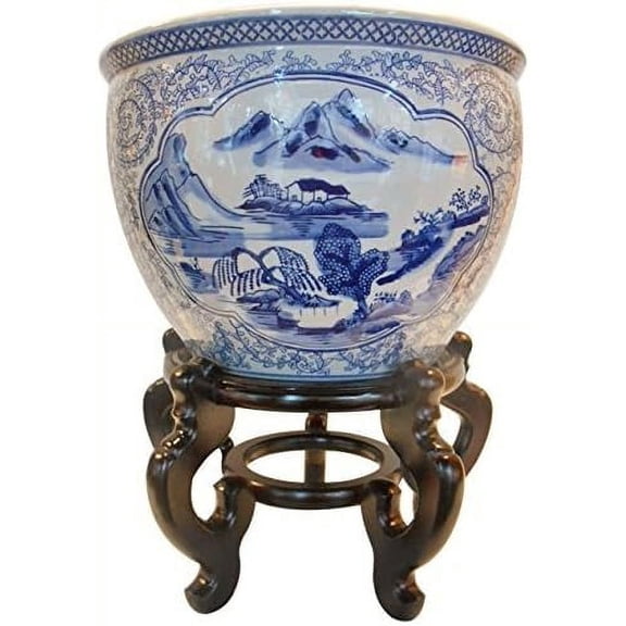 Landscape Painted Porcelain Garden Pot, Blue/White, 8 Inch$$Home Decor, Kitchen, & Other