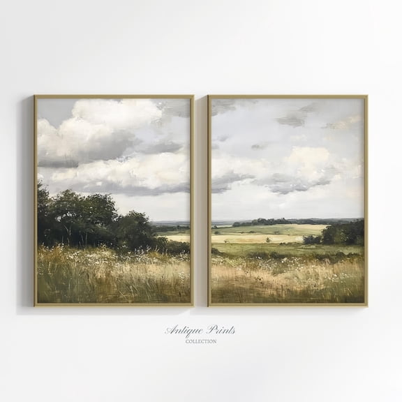 Landscape Painting Country Split Print Neutral Countryside 2 Pieces Vintage Wall Art Farmhouse Decor Set 2