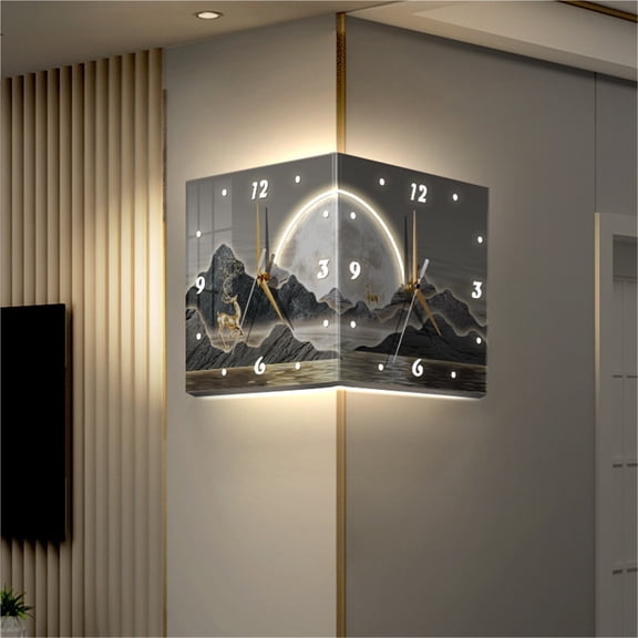 Landscape Painting Double-Sided Corner Clock, No-Drill Lighted Wall Lamp Clock, Silent Glowing Hanging Clock for Living Room Home Decor