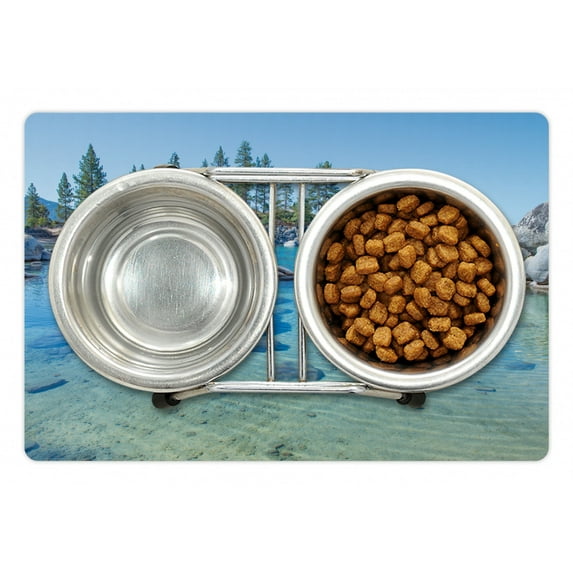 Landscape Pet Mat for Food and Water, Lake Trees and Rocks Forces of the Universe Earth Art Sceneny Print, Non-Slip Rubber Mat for Dogs and Cats, 18" X 12", by Ambesonne
