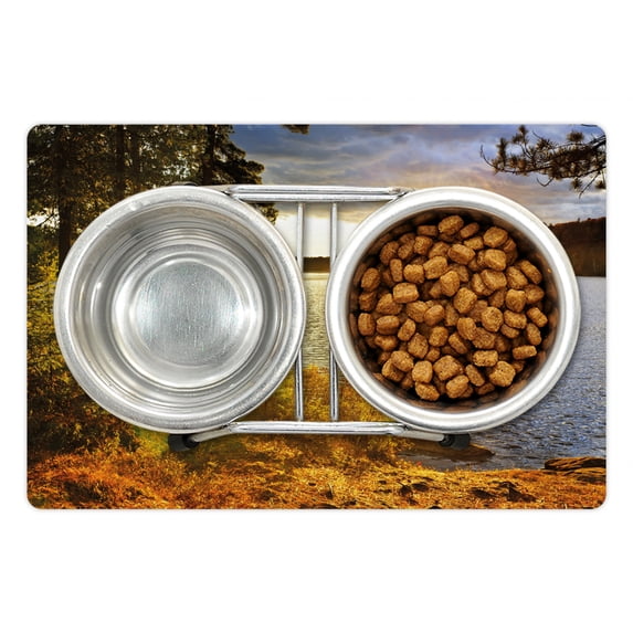 Landscape Pet Mat for Food and Water, Sunset Dawn in the Forest over Lake of 2 Rivers Algonquin Park Ontario Canada, Non-Slip Rubber Mat for Dogs and Cats, 18" X 12", by Ambesonne