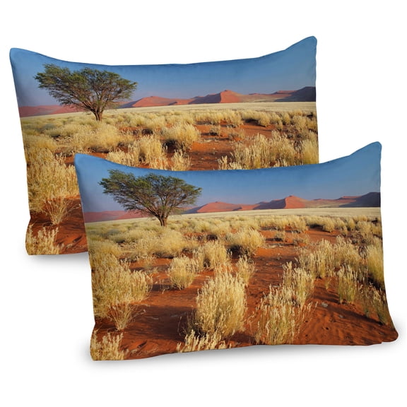 Landscape Pillow Sham Set of 2, Plant Theme Tree Desert Sossusvlei Namibia Southern Africa Photo Print, Quality Microfiber Bedding Item for All Seasons, 26" x 20", Sky Blue and Marigold, by Ambesonne