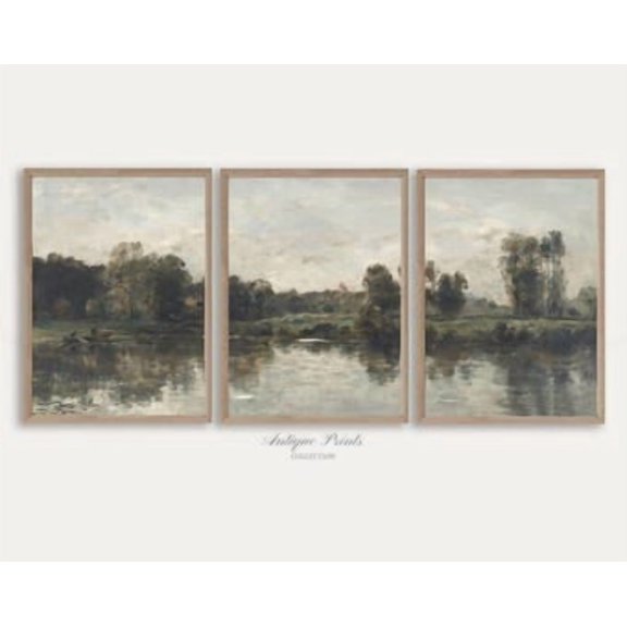 Landscape Pond Split Painting Rustic Country Antique Countryside Poster, Set 3, Poster Only