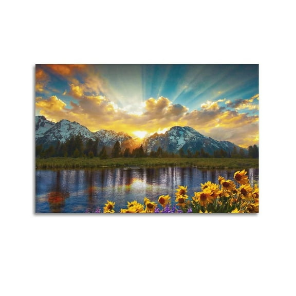 Landscape Poster Sunrise Mountain Poster Sunflower Art Print Oil Painting Canvas Wall Art Poster for Room Aesthetic Posters & Prints on Canvas Wall Art Poster for Room