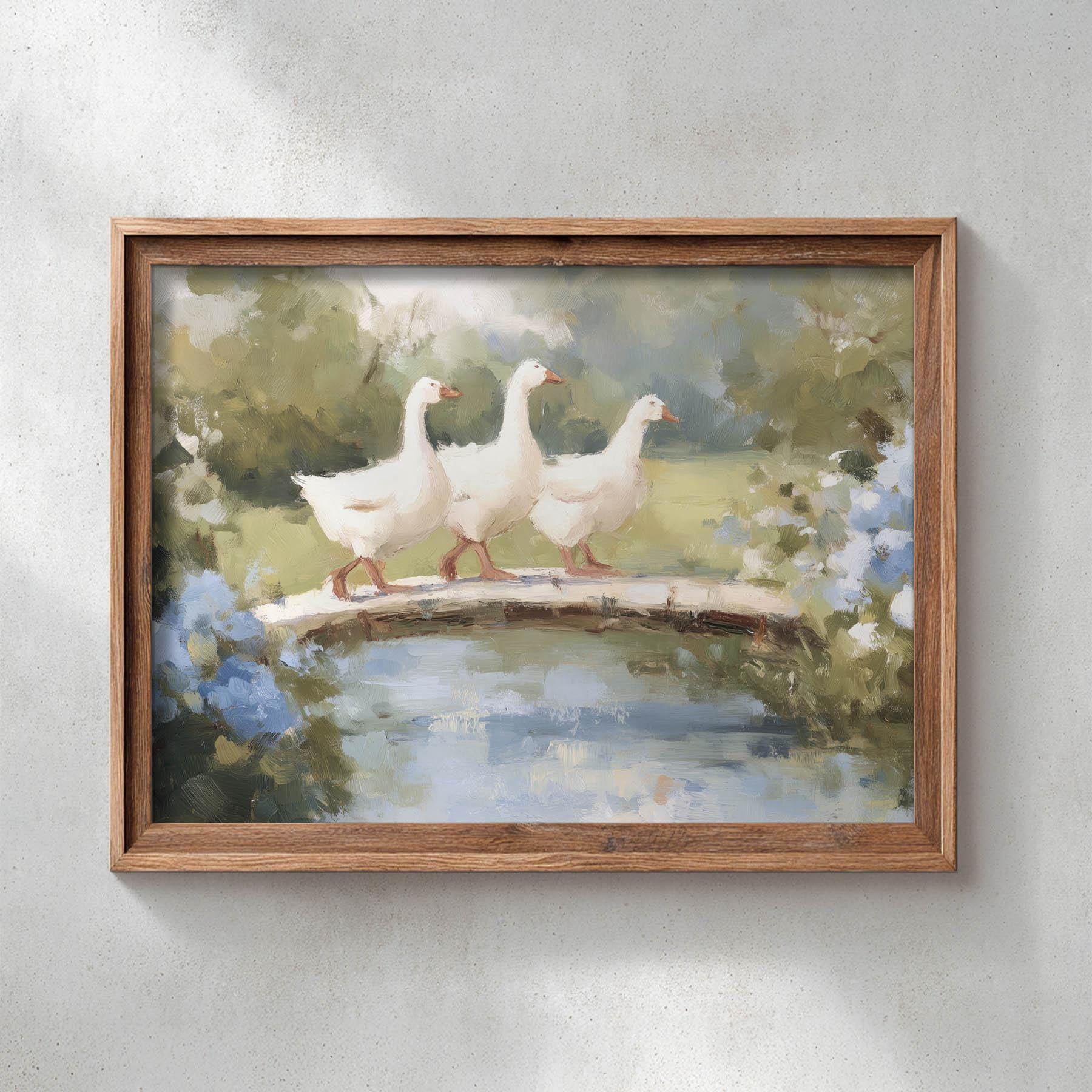 Simple Rustic Arch Landscape Printed Cottagecore Geese Crossing Arched Bridge Farmhouse ...