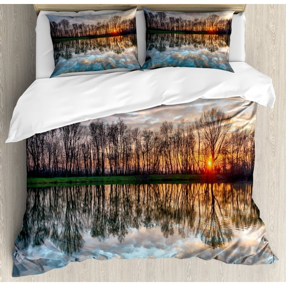 Landscape Queen Size Duvet Cover Set, Magical Lake Sunset with the Mirroring Crystal Water and Horizon over Forest Boho, Decorative 3 Piece Bedding Set with 2 Pillow Shams, Multicolor, by Ambesonne