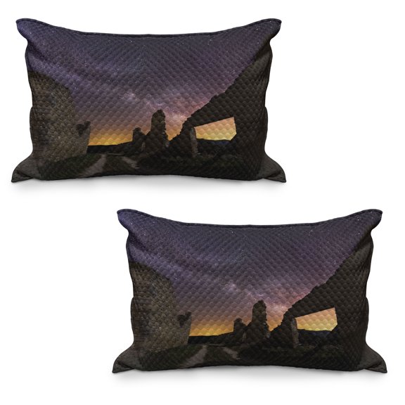 Landscape Quilted Pillowcover Set of 2, Antique Ruin at Starry Night Celestial Road Roman Dated Aged Heritage Back Then Theme, Standard Queen Size Pillow Cover Bedroom, 36" x 20", Indigo, by Ambesonne