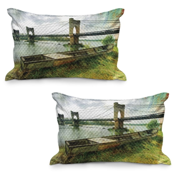 Landscape Quilted Pillowcover Set of 2, Bridge and Old Boat on Riverside Distressed Paint Style Nostalgic City Picture, Standard Queen Size Pillow Cover Bedroom, 36" x 20", Green Grey, by Ambesonne